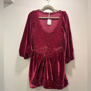 FP Velvet Burgundy Smocked V-Neck Women's Dress